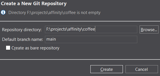 Minimal EGit UI showing the Coffee directory being selected as a new repository. Minimal EGit UI showing the Coffee directory being selected as a new repository.